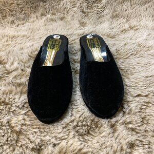 Vintage Velvet Wedge Mule Black Slip On Slipper Boudoir Shoes Vietnam Size 7.5 8